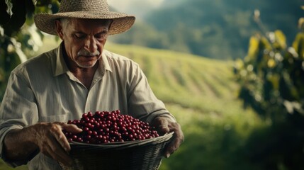 A farmer harvests coffee cherries.