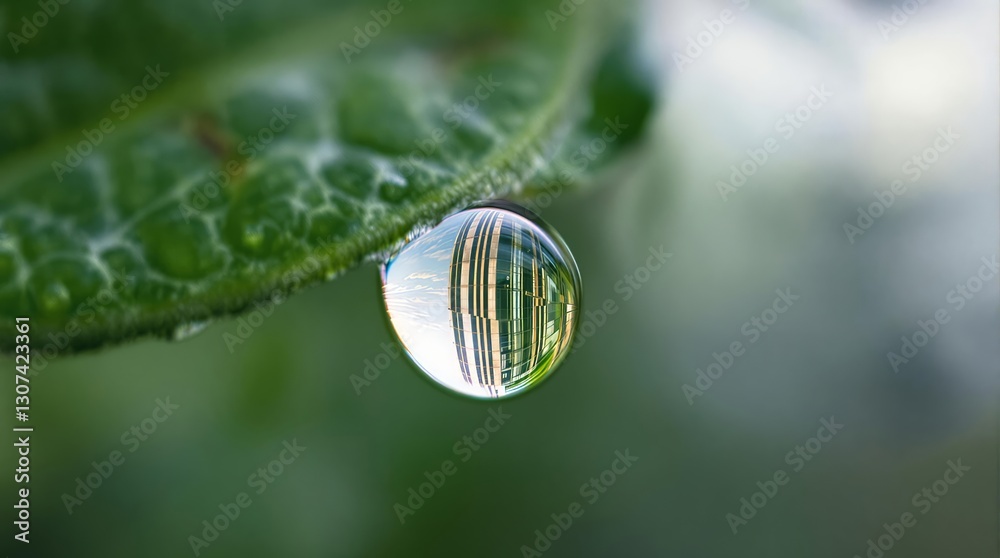 Poster a close-up image of a water droplet resting on a green leaf.