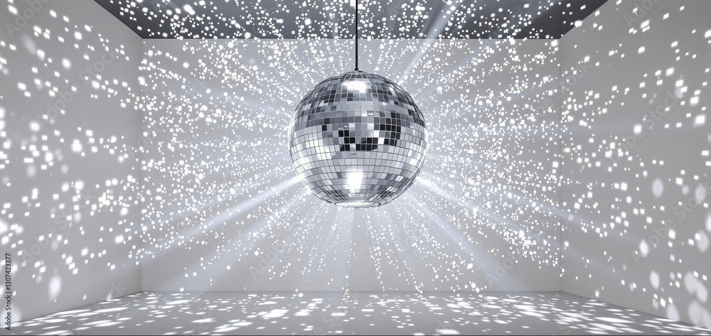 Poster a glimmering disco ball is suspended from the ceiling, casting vibrant light patterns across a stark