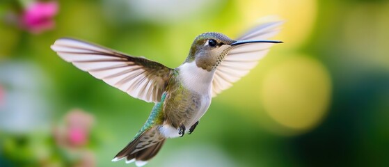Fototapeta premium A Vibrant Hummingbird in Flight, Capturing the Beauty of Nature with Colorful Background and Delicate Wings Against a Soft Focus Environment