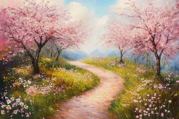 Serene Spring Path, Pink Cherry Blossoms, Lush Meadow.
