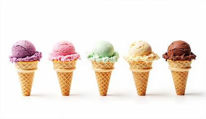 Delicious Variety: Assorted Ice Cream Scoops on Waffle Cone – Isolated on White