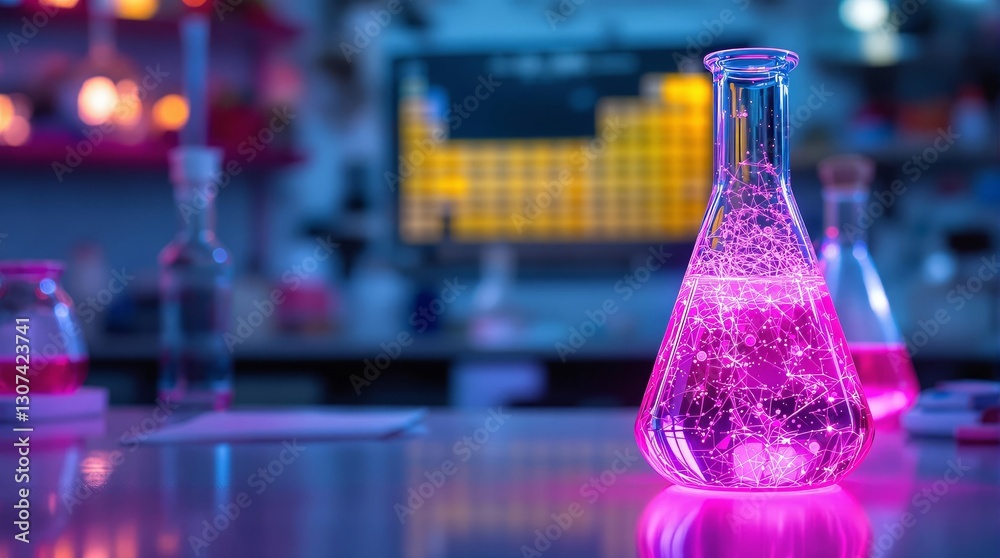 Poster a vibrant laboratory scene featuring a glowing pink flask filled with liquid, set against a blurred 