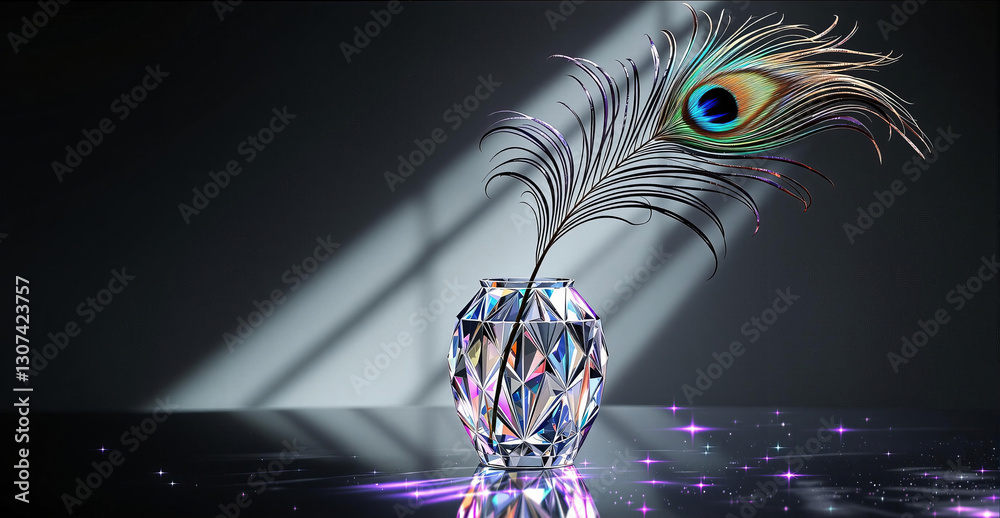 Aufkleber A crystal vase with a peacock feather is placed on a reflective surface, illuminated by angled light. The scene captures a blend of elegance and color.