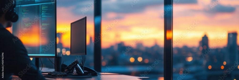 Poster programmer works late at night in modern office overlooking vibrant city skyline during sunset gener