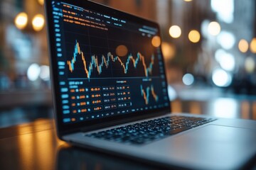 Laptop displaying stock market graph representing financial analysis and trading insights in a blurred brightly lit environment