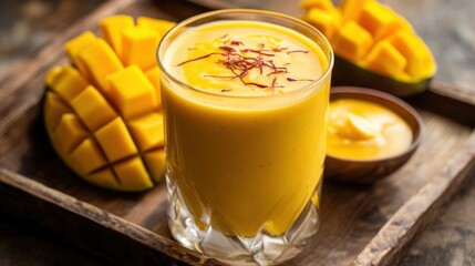 Mango lassi in a glass with saffron.
