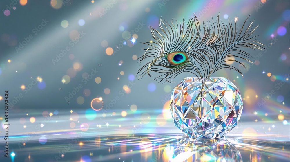 Poster a striking image featuring a peacock feather emerging from a crystal vase, set against a sparkling b