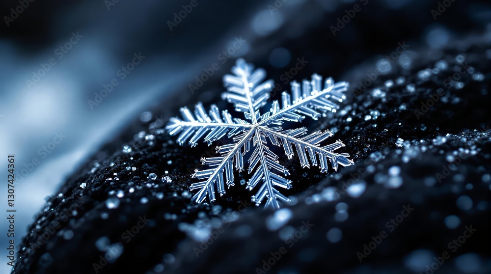 Aufkleber a delicate snowflake resting on a dark, textured surface.