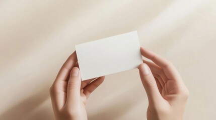 Hands holding blank business card.