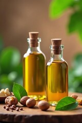 Sacha inchi oil bottles with fresh nuts and leaves on wooden table, natural, ingredient
