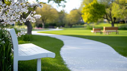 Fototapeta premium White Bench Beside a Winding Stone Path in a Beautifully Landscaped Park