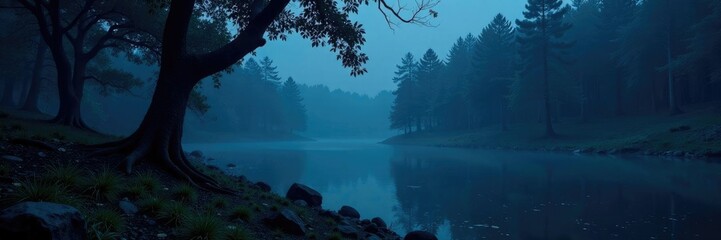 Darkened forest with a small lake in the foreground, night, shadows