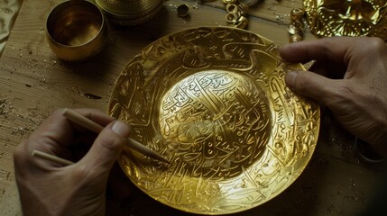 Intricate Artisan Engraving of Arabic Calligraphy on Steel Plate