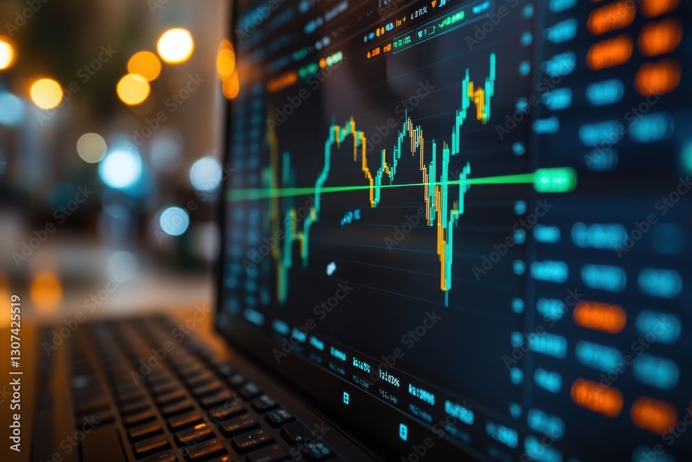 Poster analyzing financial charts: a laptop screen displays stock market data with dynamic graphs and numer