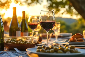 Naklejka premium Sunset dinner party in southern France with wine glasses and olives on the table, champagne bottles on the side. Close-up of red wine glass, warm golden hour light.