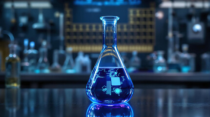 A laboratory setting featuring a glass flask filled with a glowing blue liquid atop a reflective surface.