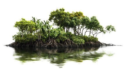 Jungle Mangrove Vegetation with Exposed Roots and Water Reflection on Transparent Background. Amazon Mangrove Landscape Element