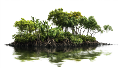 Jungle Mangrove Vegetation with Exposed Roots and Water Reflection on Transparent Background. Amazon Mangrove Landscape Element