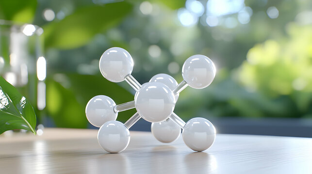White Molecular Model on Wooden Surface with Green Background