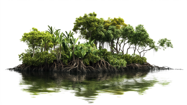 Jungle Mangrove Vegetation with Exposed Roots and Water Reflection on Transparent Background. Amazon Mangrove Landscape Element