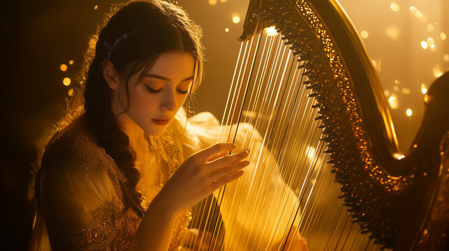 A photo of a skilled harpist dressed in traditional Celtic attire, plucking the strings of a golden harp with delicate precision, the soft glow of stage lights reflecting off the instrument