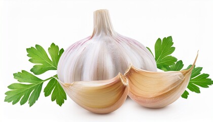 garlic and garlic cloves with parsley leaves isolated on a transparent background