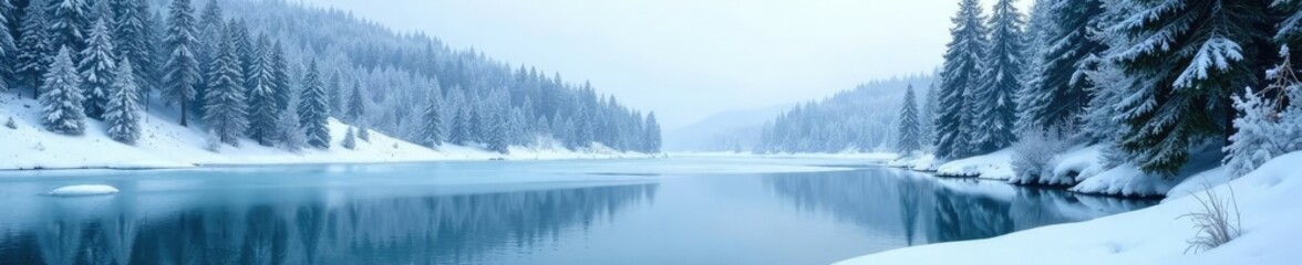 A frozen lake nestled among tall evergreen trees and snow drifts, forest, trees
