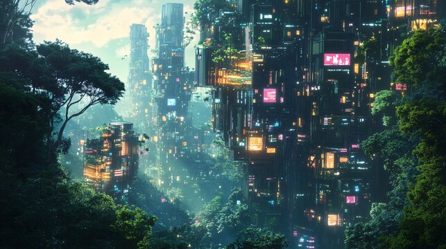 Futuristic city and lush forest scene