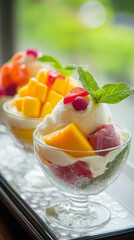 Refreshing fruit parfait with ice cream. A glass dessert bowl filled with fresh mango, berries, and sorbet, topped with creamy vanilla ice cream and mint leaves. A perfect summer treat.