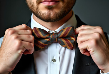 Man adjusting bow tie with confident expression on dark background