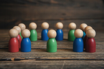Wooden peg dolls arranged in a circle on a rustic wooden surface, symbolizing leadership and group dynamics.