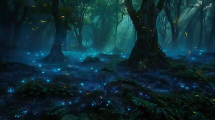 Mystical Dark Fantasy Forest with Ethereal Lighting Effects