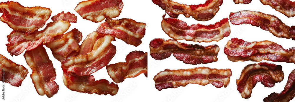 Poster cooked bacon rashers, isolated, are displayed in close-up on a white background