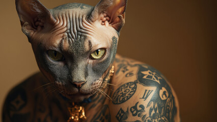Regal sphynx cat dressed in luxurious patterned clothing with gold jewelry
