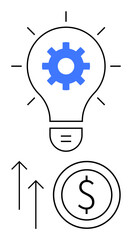 Light bulb with gear inside, upward arrows, and dollar coin symbolizing ideas, innovation, progress, and financial success. Ideal for business strategy, entrepreneurship, growth creativity