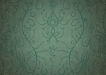 Hand-drawn abstract ornament. Dark green on light cold green background, with vignette of darker background color and splatters of golden glitter. Paper texture. A4. (pattern: p13-1a)