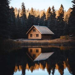 Fototapeta premium A wooden cabin reflects perfectly in the still water of a lake
