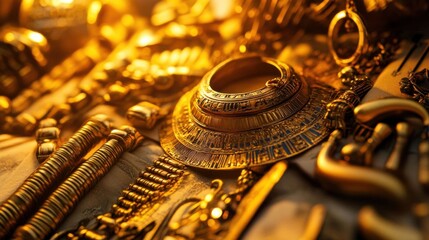 Display of ancient Egyptian gold artifacts.