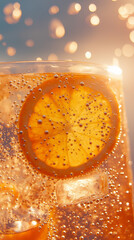 Vibrant Aperol Spritz close-up. A refreshing cocktail with sparkling bubbles rising around a juicy orange slice and ice cubes, capturing the essence of summer in a chilled glass.