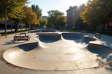 Urban Skatepark with Benches and Trees in City Park