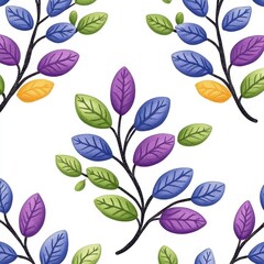Fototapeta premium Colorful Seamless Floral Pattern with Purple Blue Green and Yellow Leaves