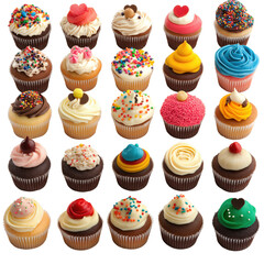 a collection of beautifully decorated cupcakes, with colorful frosting and various toppings
