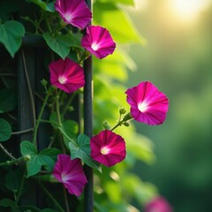 Fototapeta premium Dainty morning glory vines crawling up a trellis, plant, climbing flowers, flowers
