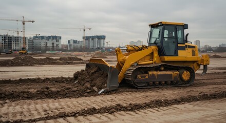 A bulldozer leveling ground on a large construction site. Construction Equipment and Machinery