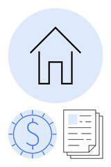 House icon above circular dollar sign and stack of sheets, symbolizing property, finances, paperwork. Ideal for mortgage, investment, documentation, real estate, economy homeownership flat simple