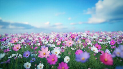 Fototapeta premium Vibrant field of pink and white cosmos flowers, dreamy meadow landscape, soft focus, depth of field, bright blue sky, wispy clouds, springtime bloom, lush green grass, serene nature scene
