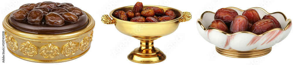 Poster sweet dried dates have been placed in an oriental cup and isolated on white