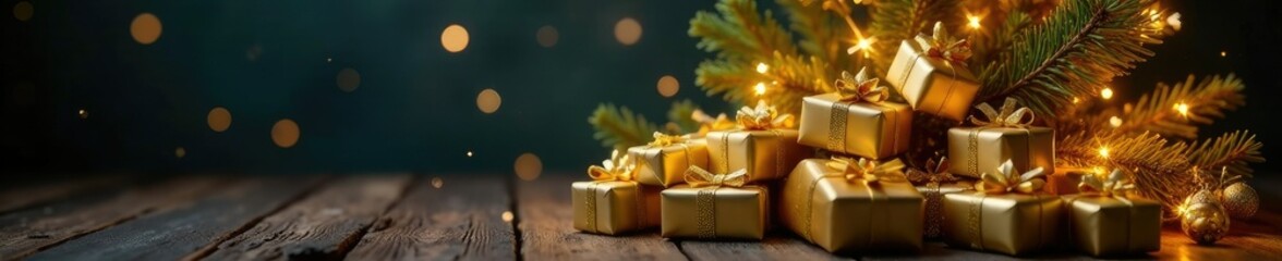 Golden presents piled high on a sparkling tree, sparkle, pile, tree
