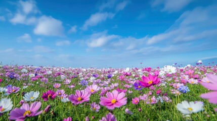 Fototapeta premium Vibrant cosmos flowers field, Endless sea of pink and purple blooms, Rolling meadow landscape, Clear blue sky with wispy clouds, Sunny day, Pastoral scenery, Photorealistic, High detail, Vivid colors